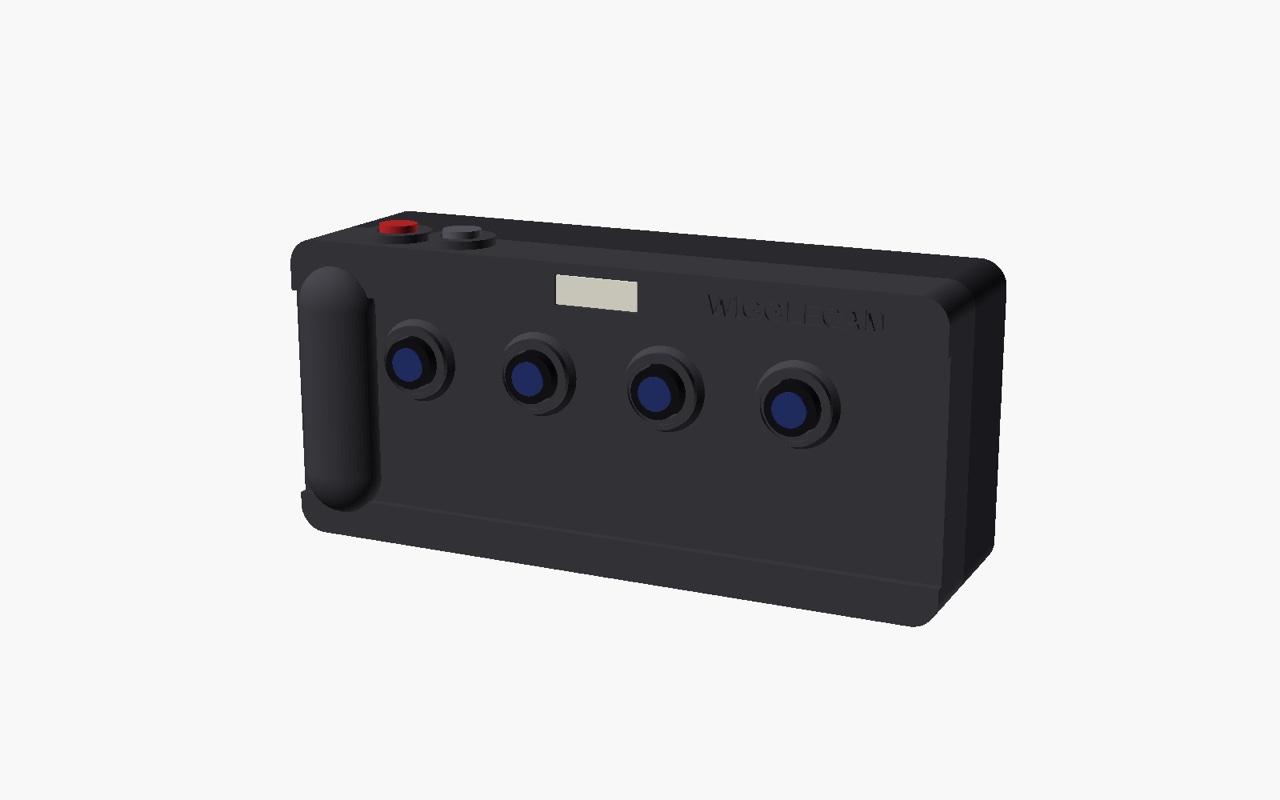 WiggleCam enclosure render, front view with four lenses and a grip